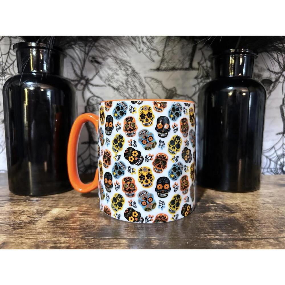 10 Strawberry Street Colorful Sugar Skull Pattern Mug with Orange Handle